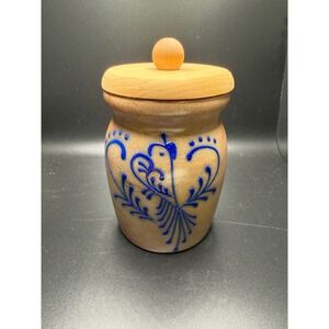 Vintage Stoneware Crock Pot Jar Rustic Blue Floral Design with Wooden Lid 1996